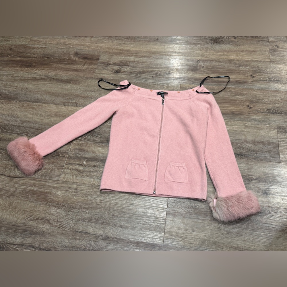 Y2K Bebe Dusty Pink Knit zip up Cardigan with Fur Cuffs